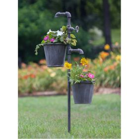 Faucet Garden Stake with Two Planters - Rustic Outdoor Decor for Plants and Flowers