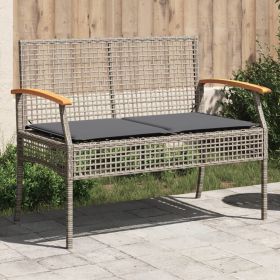 Patio Bench with Cushion Gray Poly Rattan Acacia Wood