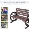 2-Person Seat Bench with Backrest Wooden Wagon Wheel Bench, Rustic Outdoor Patio Furniture-AS