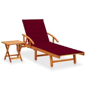 Patio Sun Lounger with Table and Cushion Solid Wood Acacia (Color: Red)