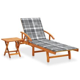 Patio Sun Lounger with Table and Cushion Solid Wood Acacia (Color: Gray)