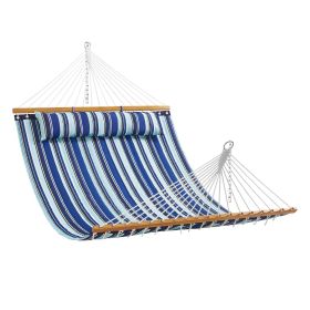 VEVOR Double Quilted Fabric Hammock, 12 FT Double Hammock with Hardwood Spreader Bars, 2 Person Quilted Hammock with Detachable Pillow and Chains for (Color: Blue-Green Color Scheme, Type of Support: Without Bracket)