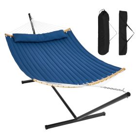 VEVOR Two Person Hammock with Stand Included, Double Hammock with Curved Spreader Bar and Detachable Pillow and Portable Carrying Bag, Perfect for Out (Color: Blue, Type of Support: T Type)