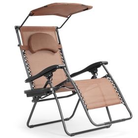 Folding Recliner Lounge Chair with Shade Canopy Cup Holder (Color: Brown)